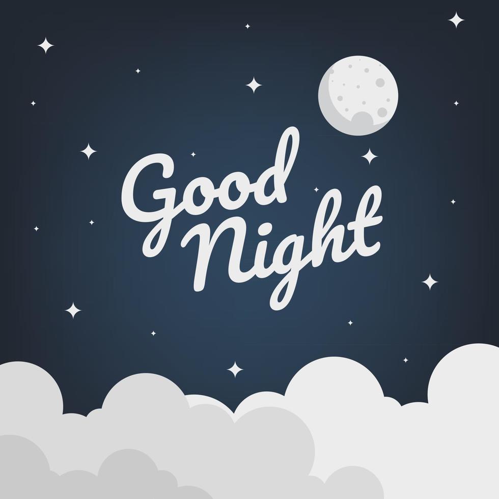Goodnight writing with moon and clouds and dark background vector