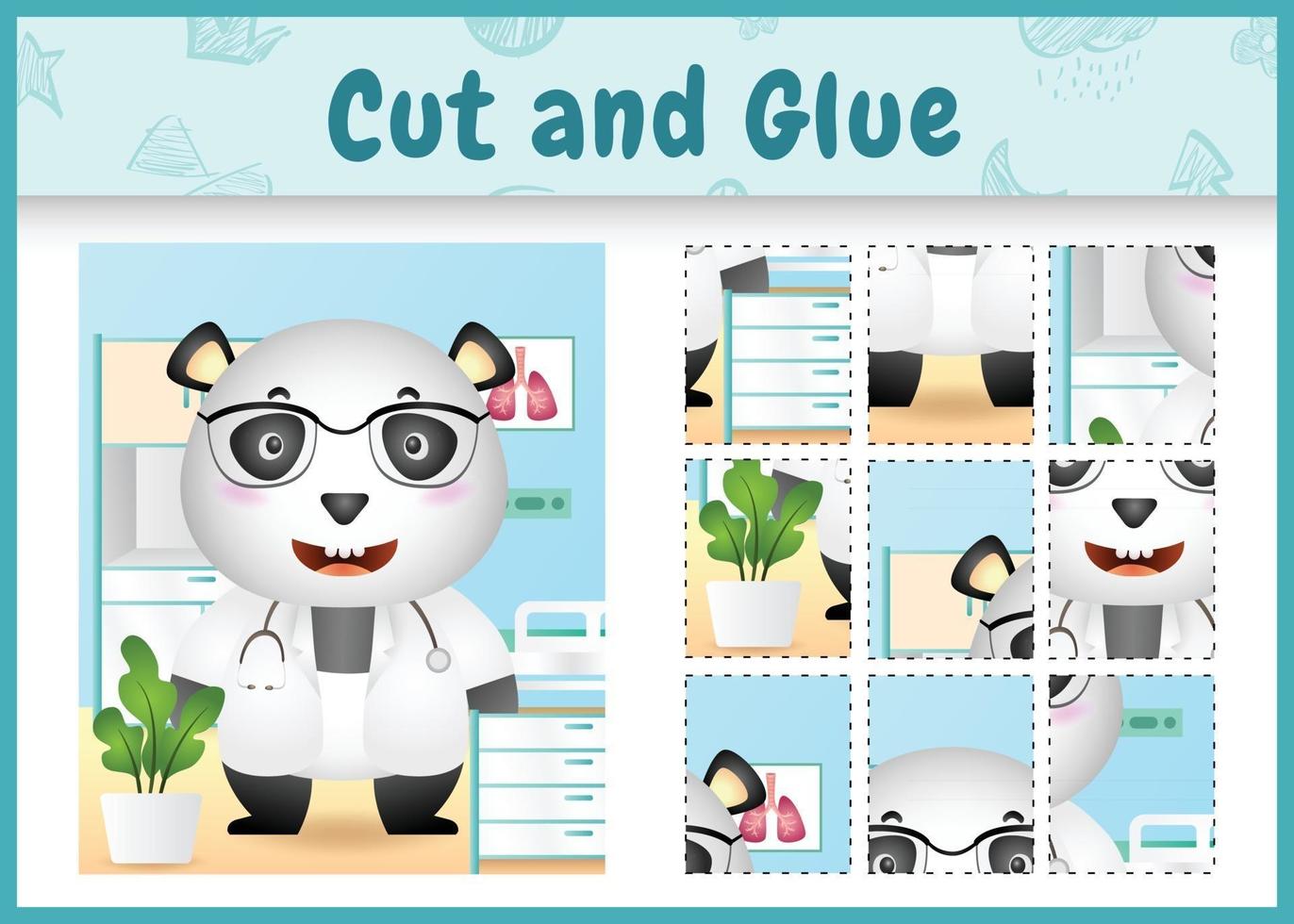 Children board game cut and glue with a cute panda doctor character illustration vector