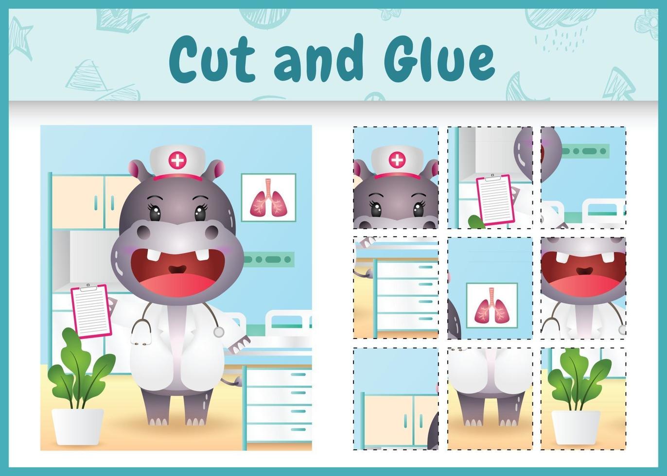 Children board game cut and glue with a cute hippo using costume nurses vector