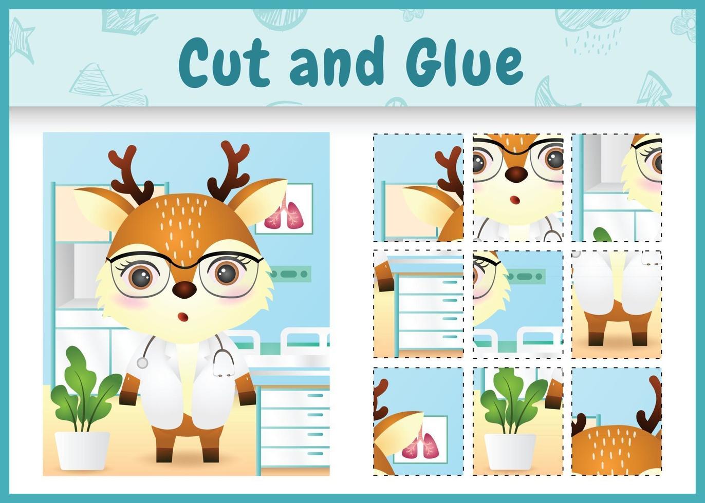 Children board game cut and glue with a cute deer doctor character illustration vector