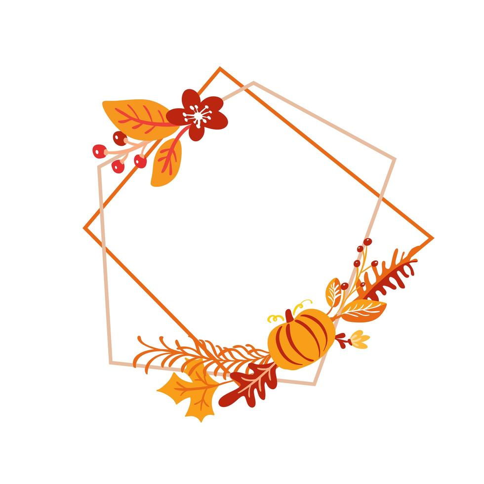Vector frame autumn bouquet wreath. orange leaves, berries and pumpkin isolated on white background. Perfect for seasonal holidays, Thanksgiving Day