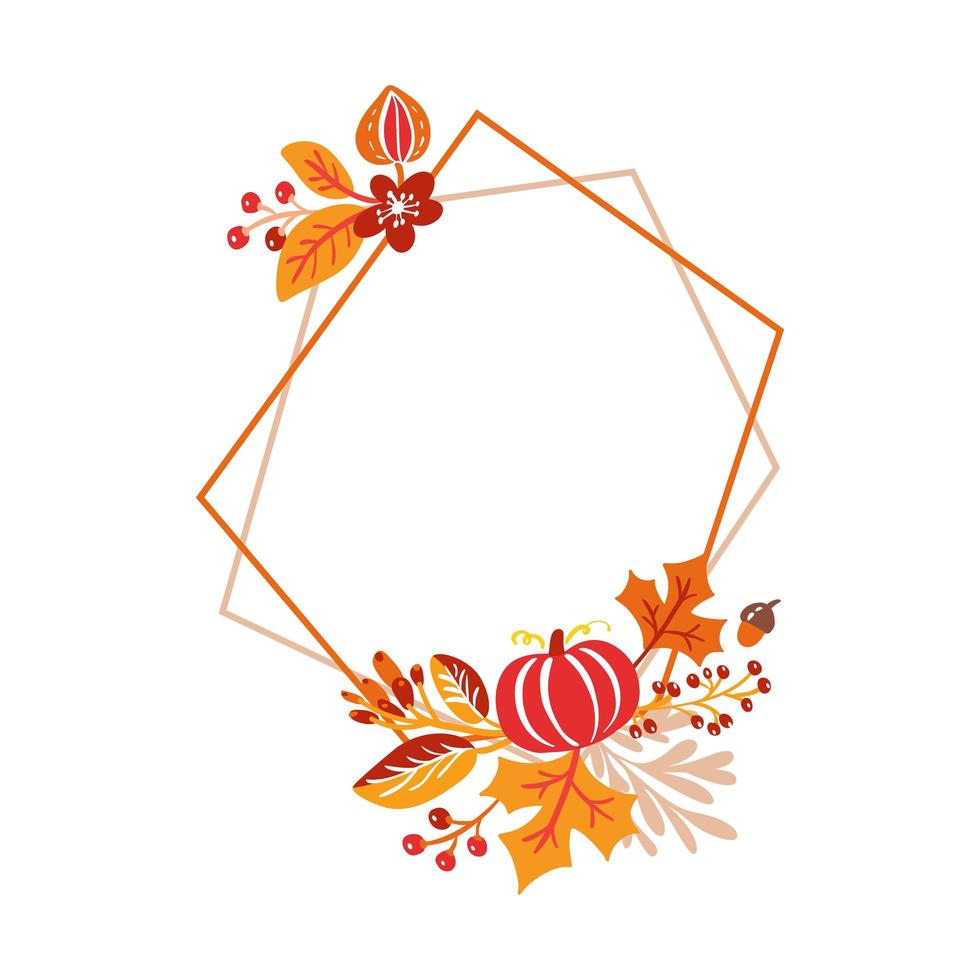 Vector frame autumn bouquet wreath. orange leaves, berries and pumpkin isolated on white background. Perfect for seasonal holidays, Thanksgiving Day