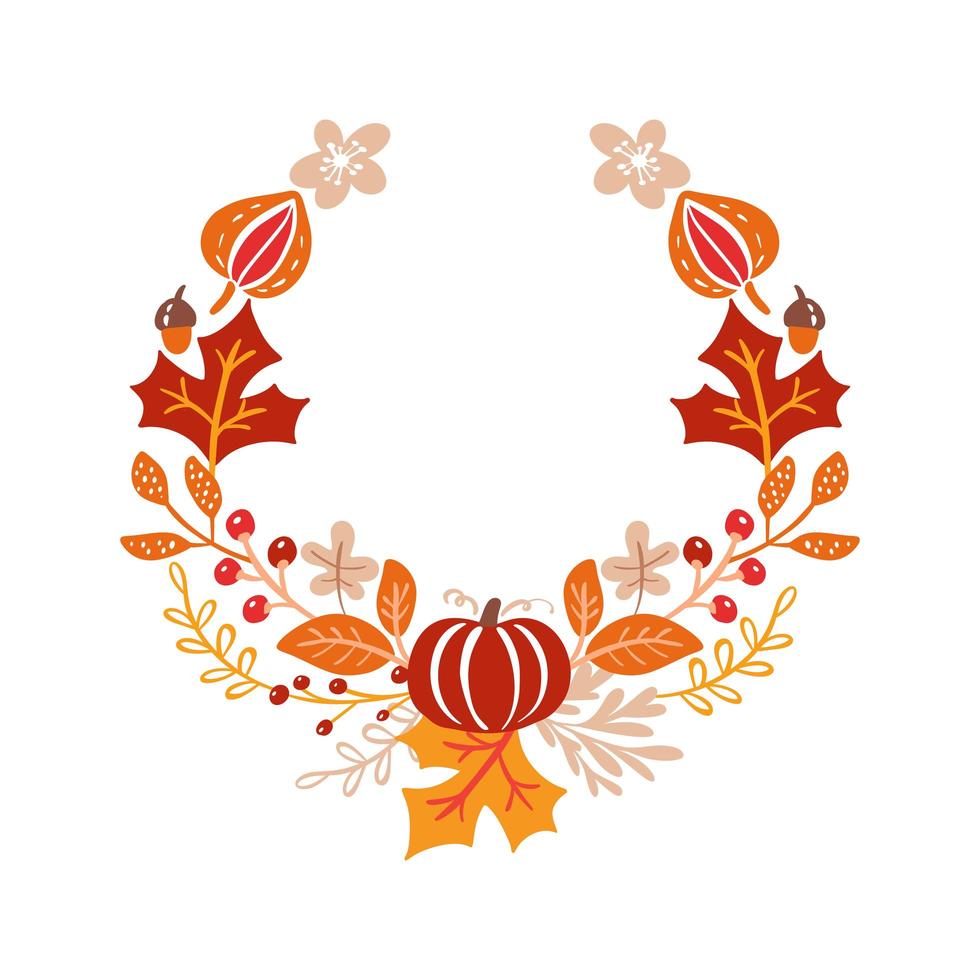 Vector frame autumn bouquet wreath. orange leaves, berries isolated on white background. Perfect for seasonal holidays, Thanksgiving Day