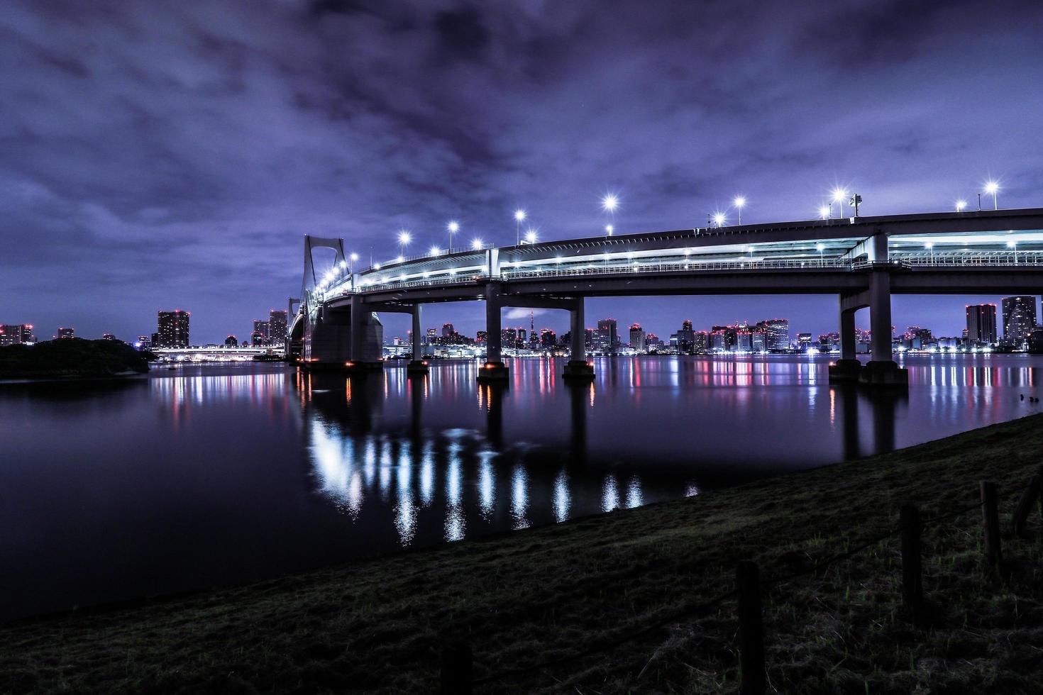 Tokyo night city scape in Odaiba with rainbow bridge photo