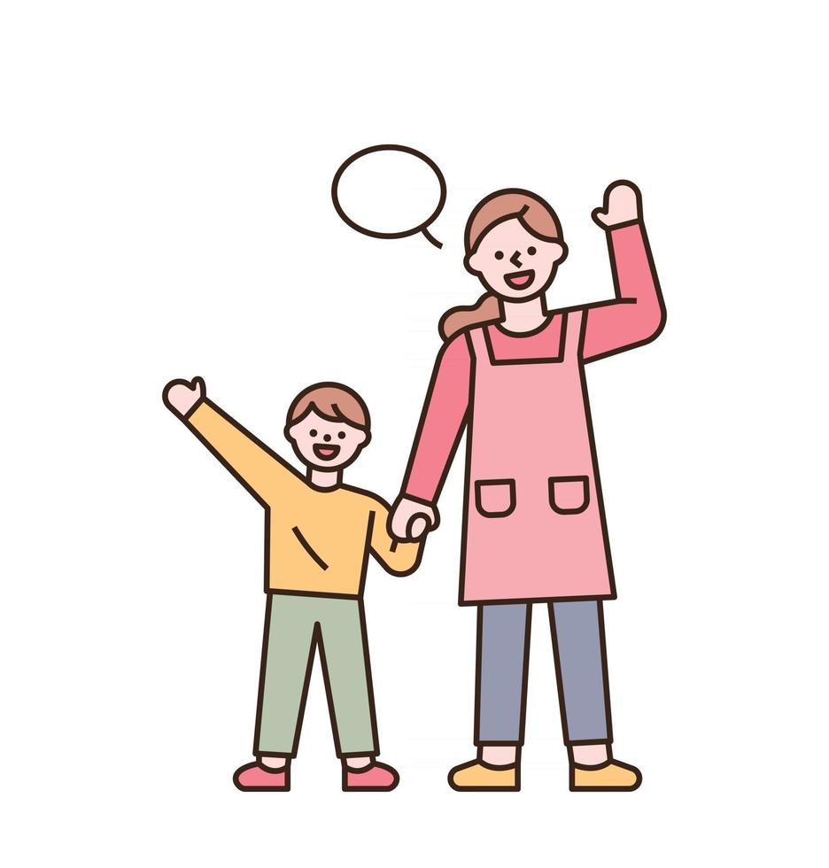 la maestra de jardín de infantes y el niño saludan y saludan juntos. Ilustración de vector mínimo de estilo de diseño plano.