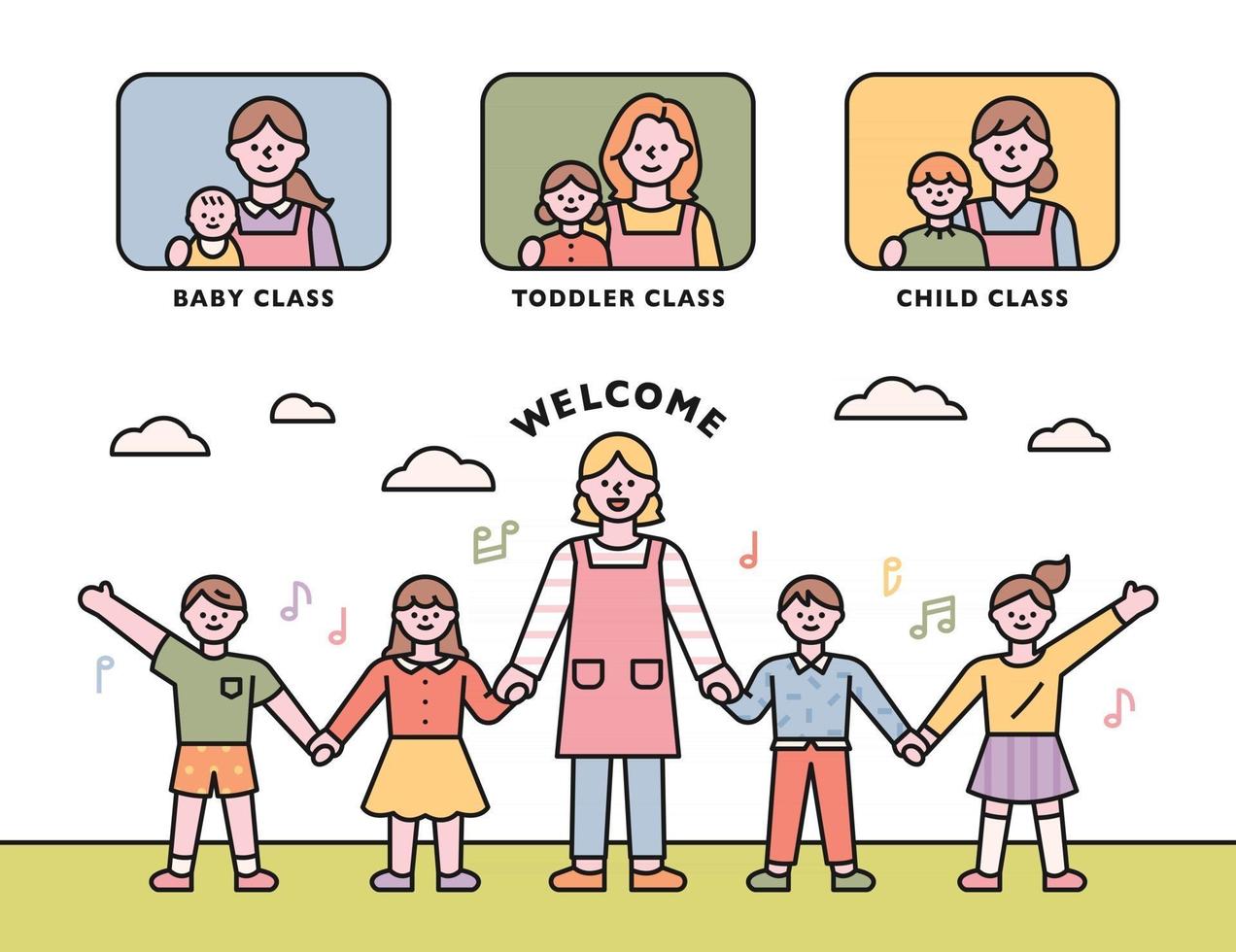 Daycare class. Teacher and children join hands and greet each other. flat design style minimal vector illustration.