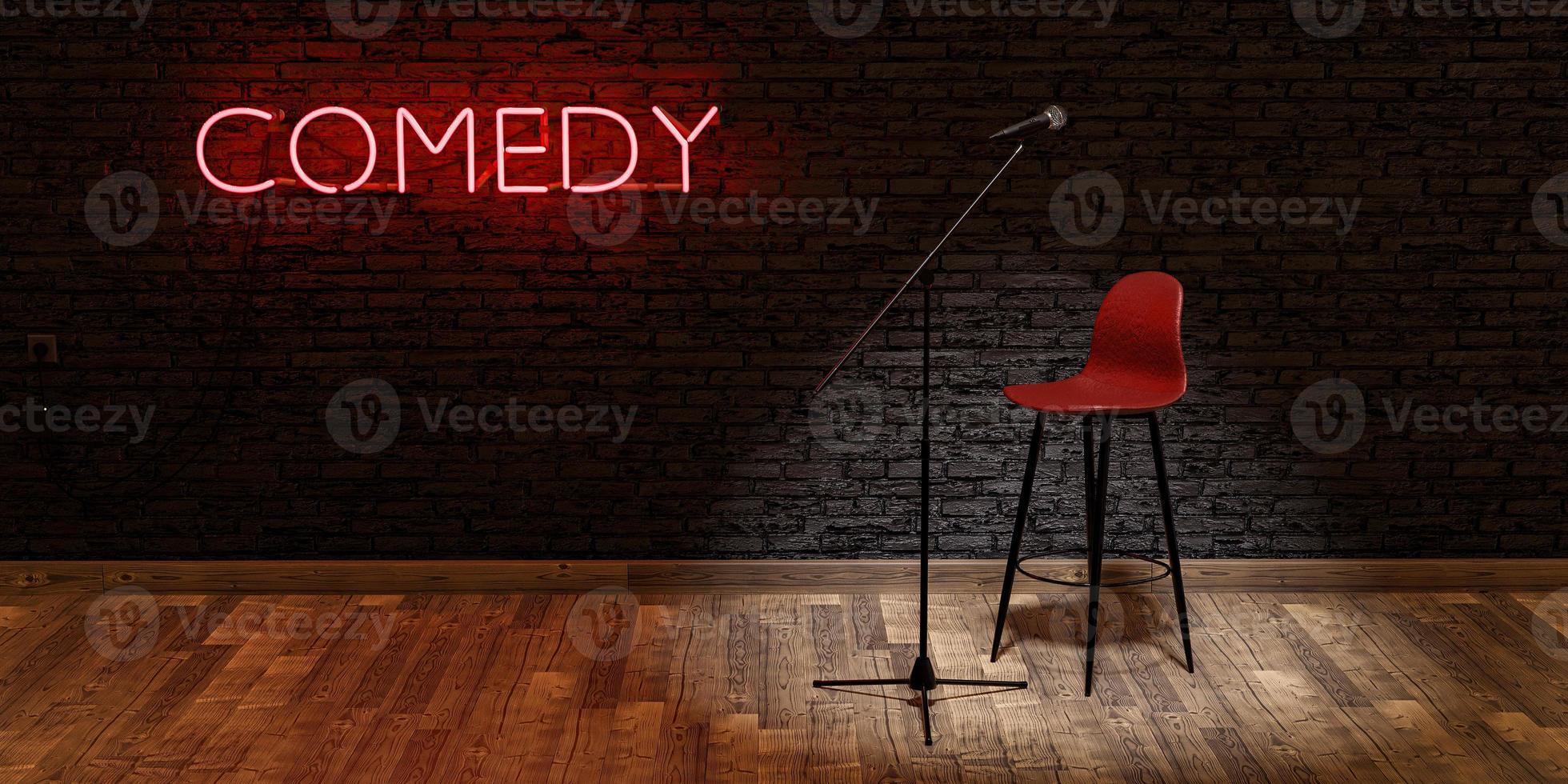 stage with microphone and stool with red neon lamp with the word COMEDY space for text photo