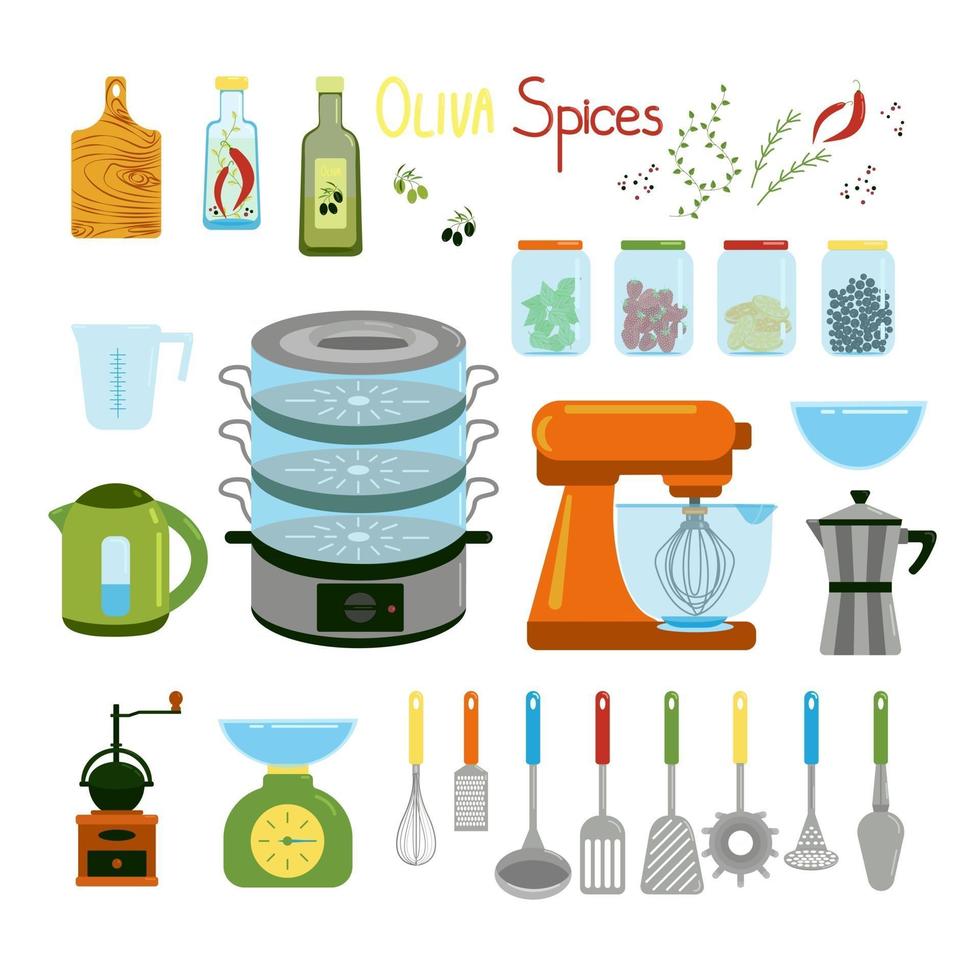 Kitchen items kettle mixer geyser coffee maker steamer captive and various spatulas for cooking spices in jars and olive oil vector clipart in flat style isolated objects