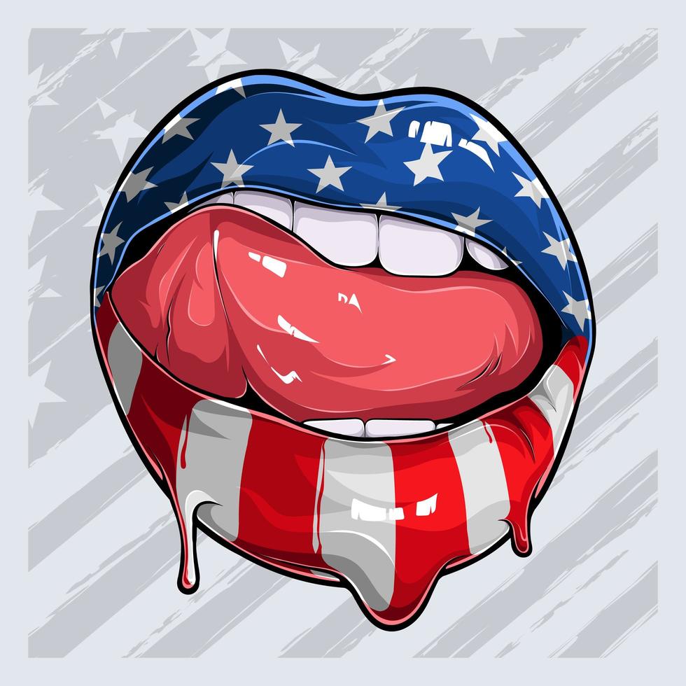 Woman lips with American flag pattern independence day veterans day 4th of July vector