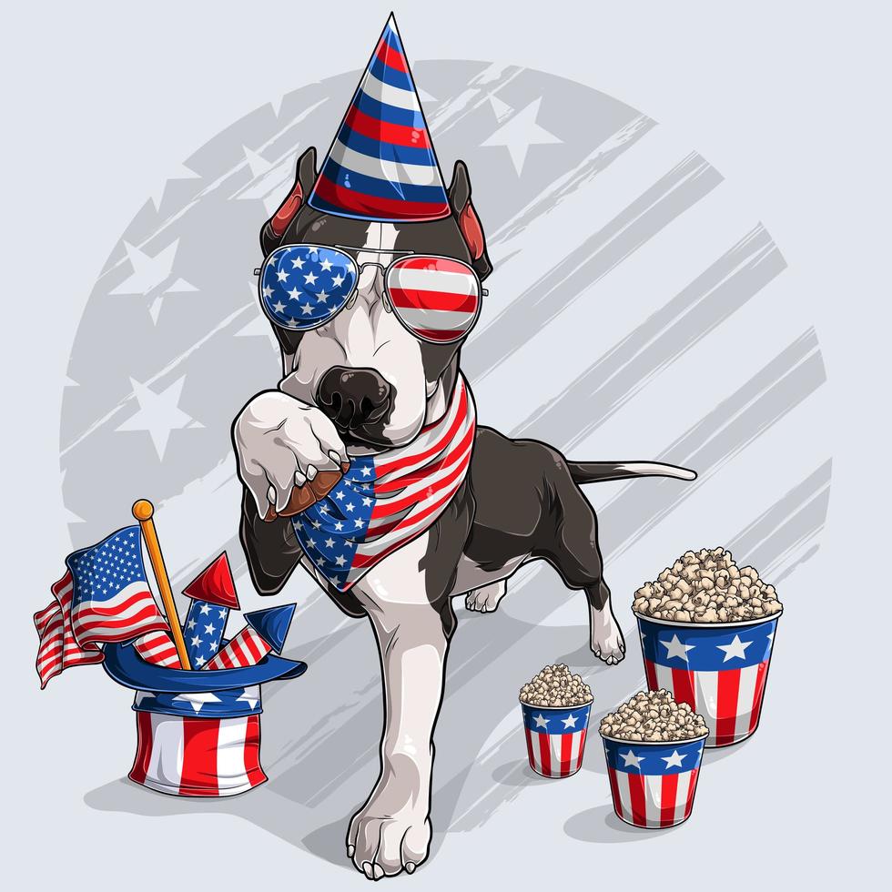 lindo perro pitbull negro con elementos del día de la independencia americana 4 de julio y día conmemorativo vector