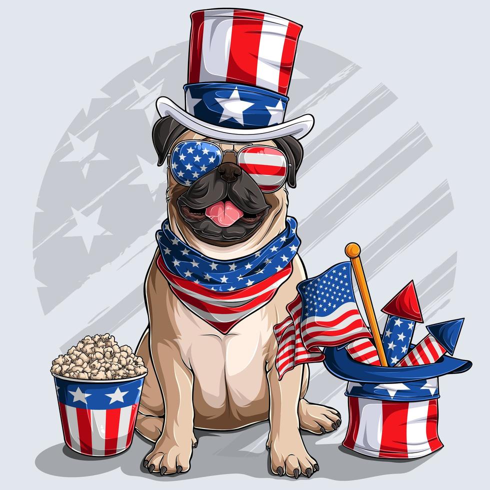 lindo perro pug beige sentado con elementos del día de la independencia americana 4 de julio y día conmemorativo vector