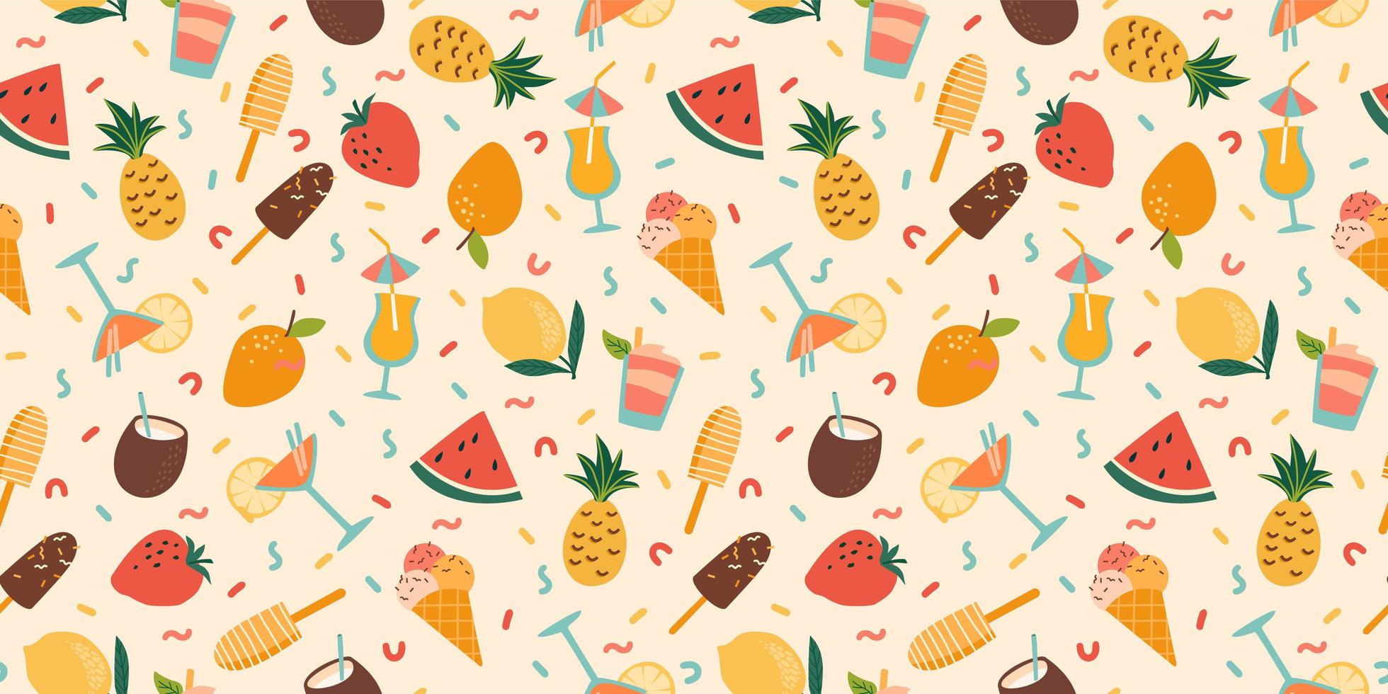Vector seamless pattern with summer cocktails  ice cream and fruits