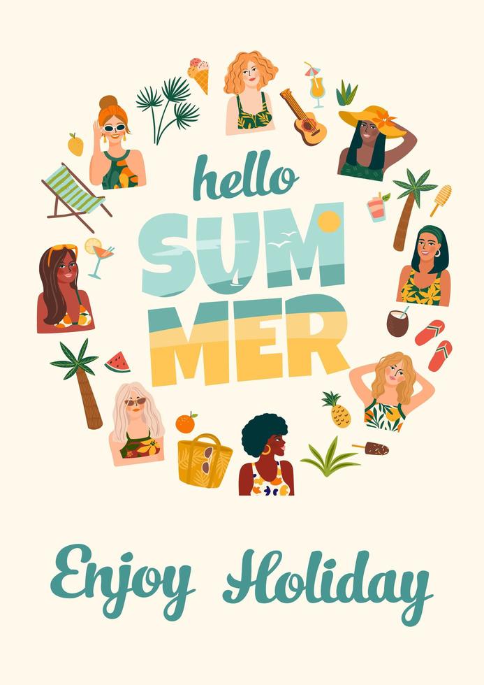 Summer illustration with cute women vector