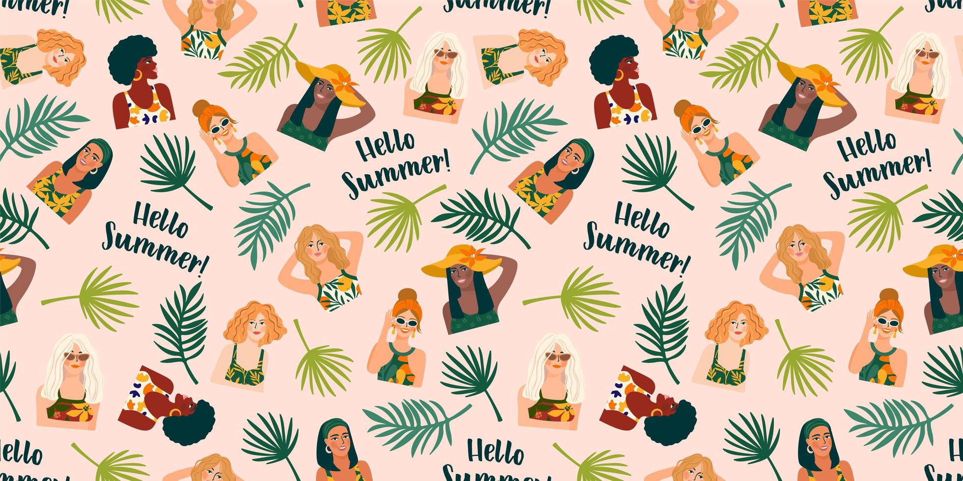 Vector seamless pattern with women in swimsuit and tropical plnts