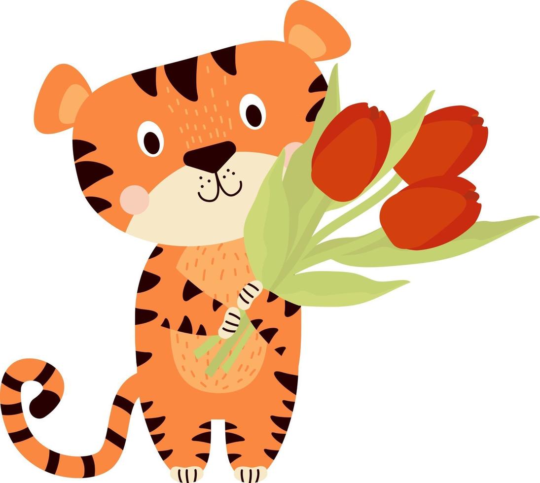 Cute tiger Striped animal with a bouquet of tulips vector
