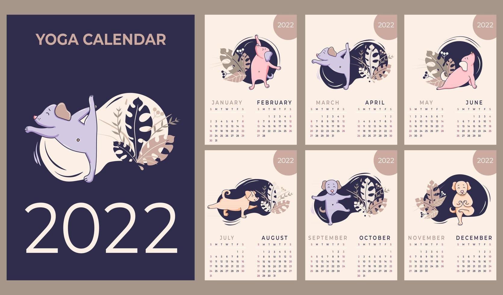 Calendar 2022 Yoga for pets  Set of templates for 12 months 2022 with cute dogs meditating vector