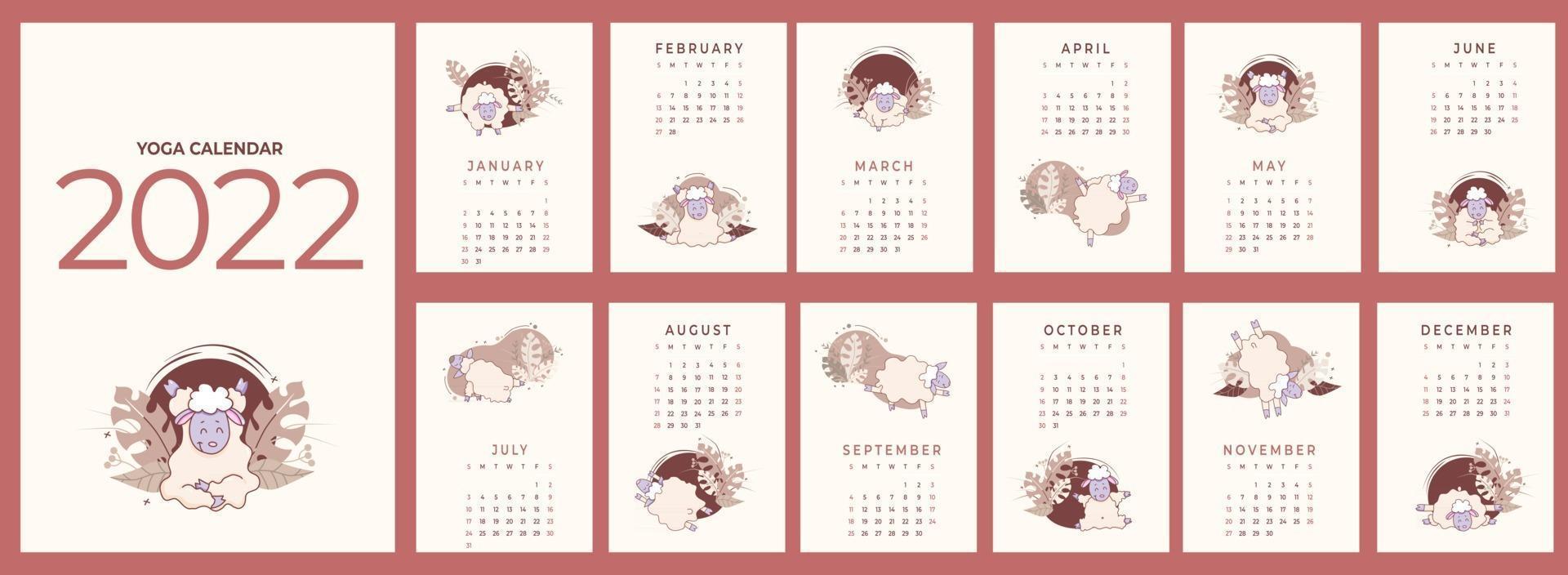 Calendar 2022 planner with all months  Yoga for Pets  Set of templates for 12 months 2022 with cute sheep meditating vector