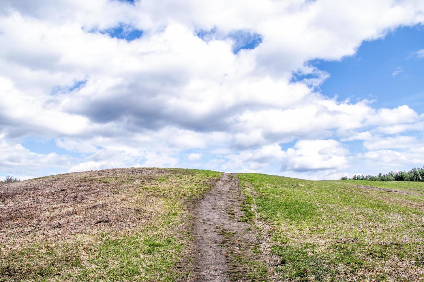 Green grassy hill in front of a cloudy sky photo