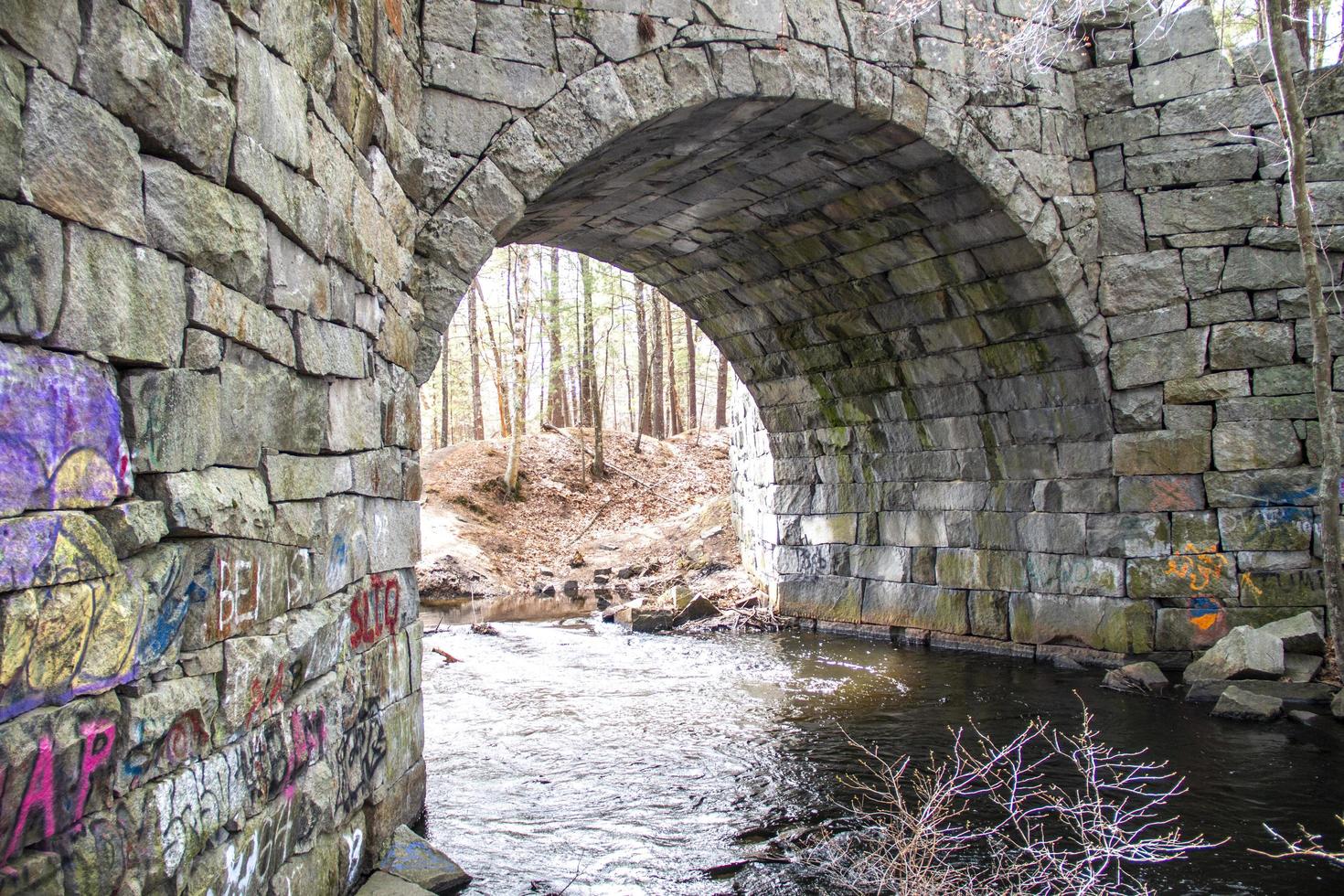 River going under a stone bridge in the spring photo