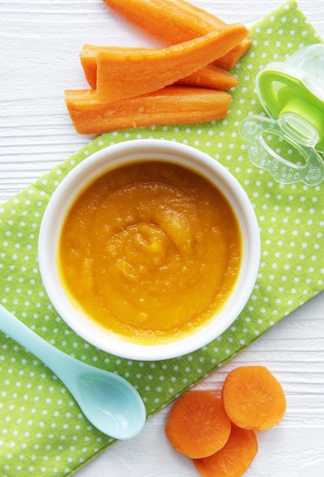 Baby carrot mashed with spoon in bowl photo