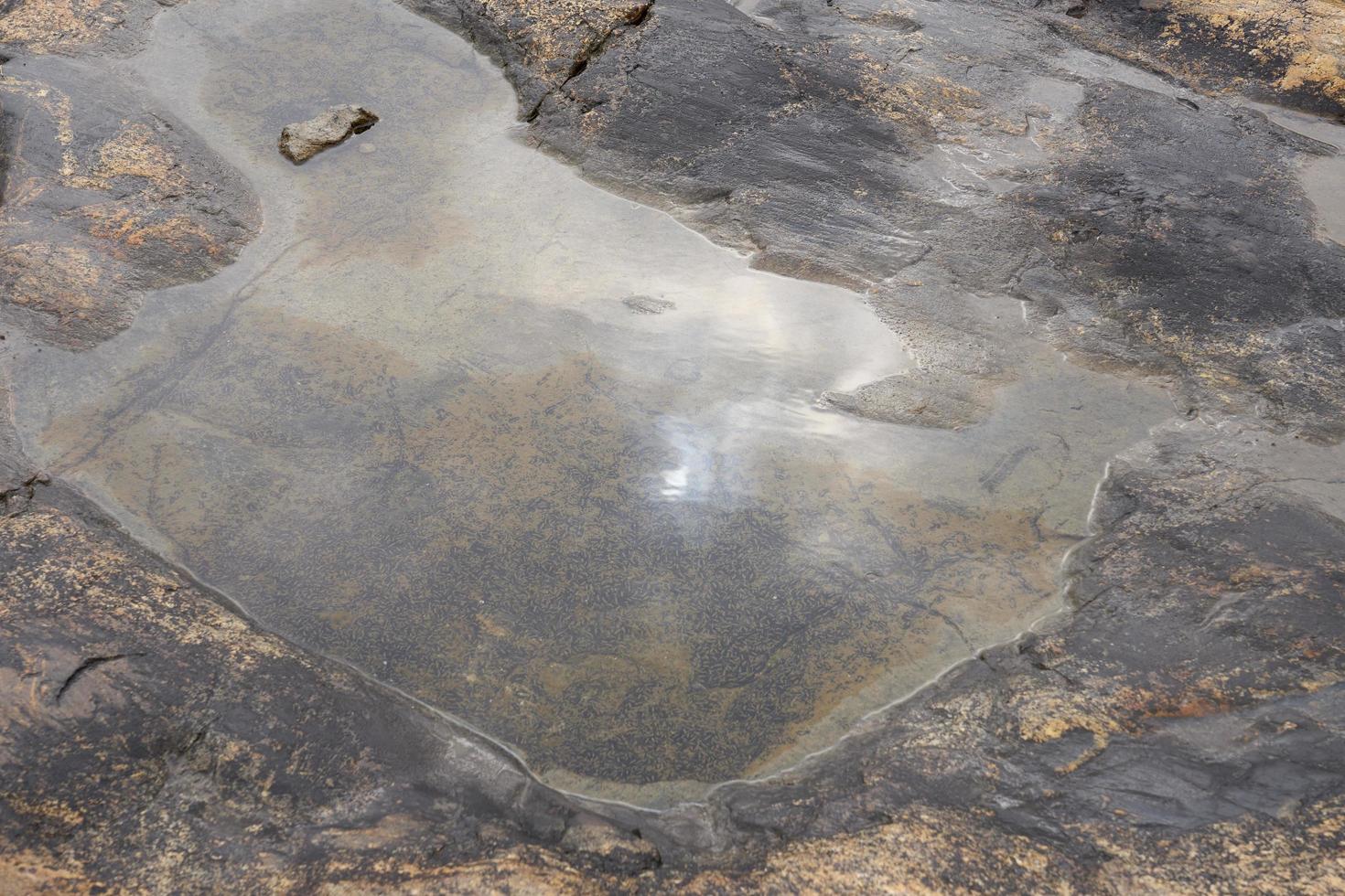 Reflection of the sky in the water on the rocky shore photo