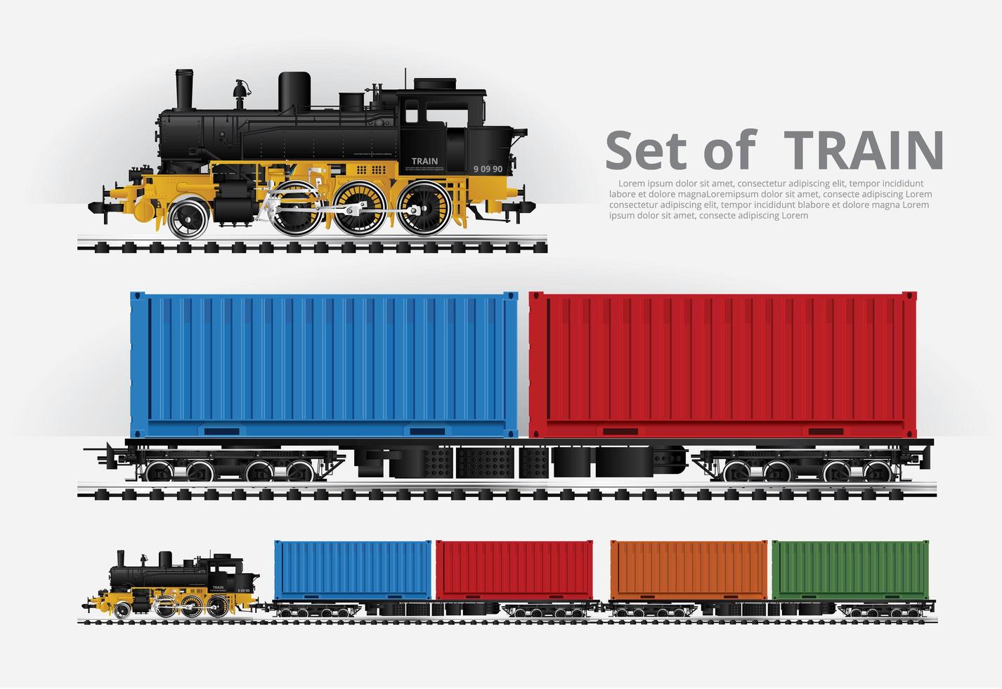 Cargo train on a rail road set vector