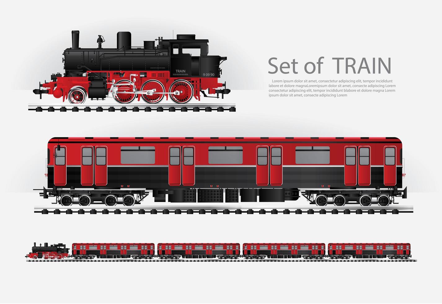 Cargo train on a rail road set vector