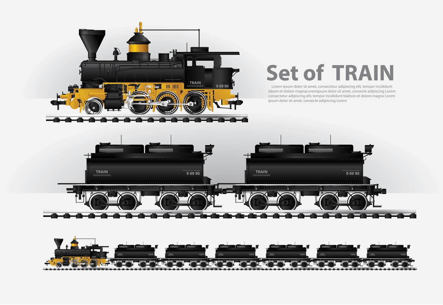 Cargo train on a rail road set vector