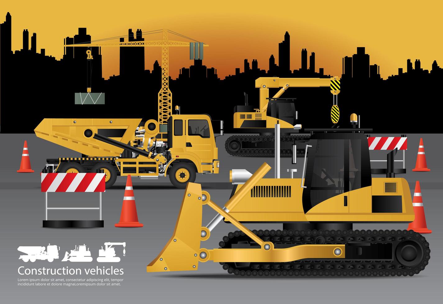 Construction Vehicles Set with Building Background Vector Illustration