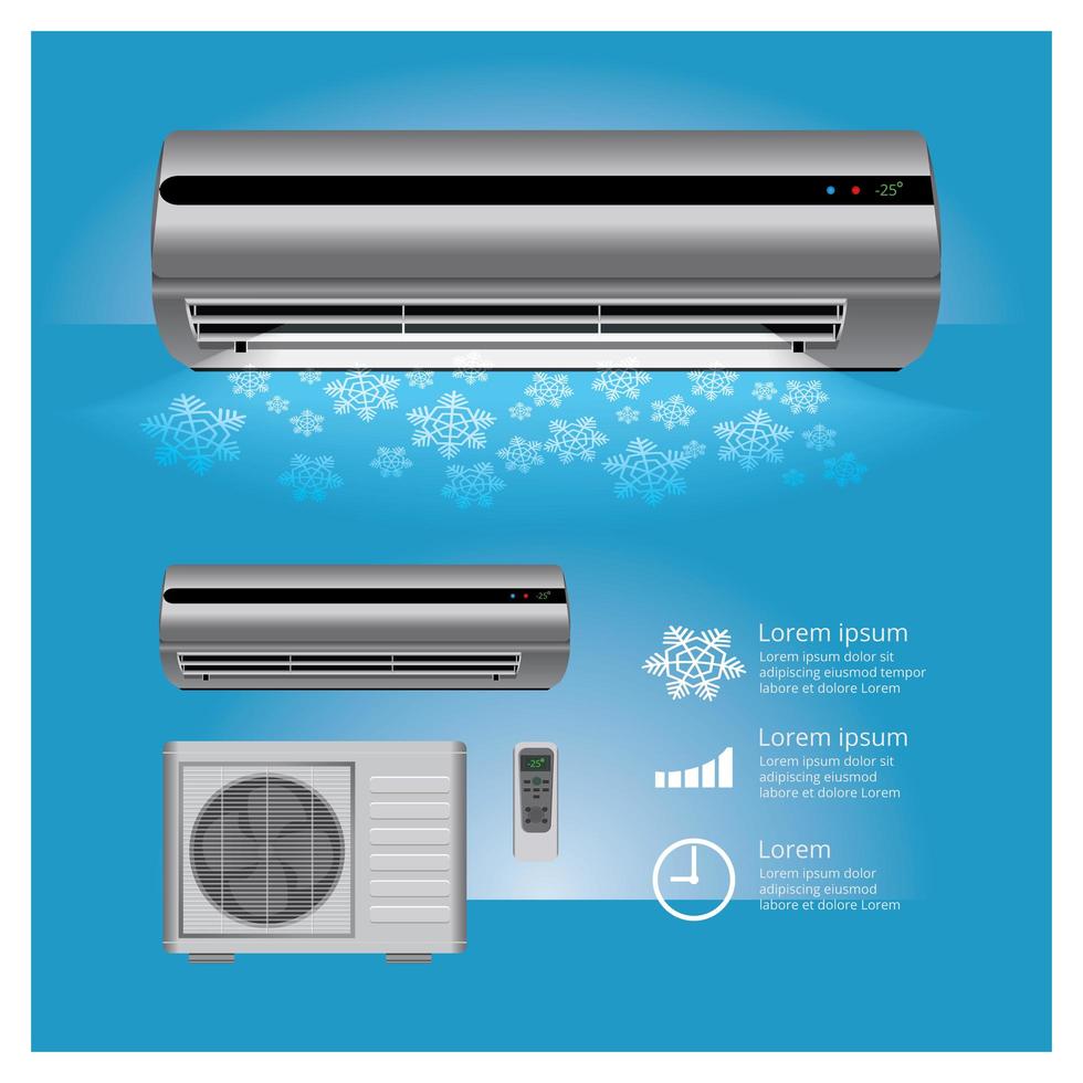 Air Conditioner Realistic and Remote Control with Cold air Symbols Vector Illustration