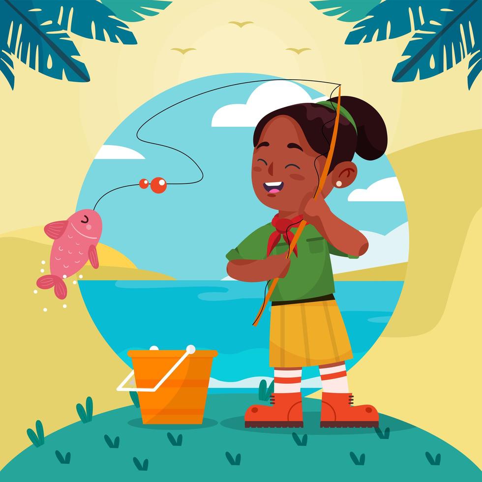 Happy Girlscout Catch A Fish Concept vector