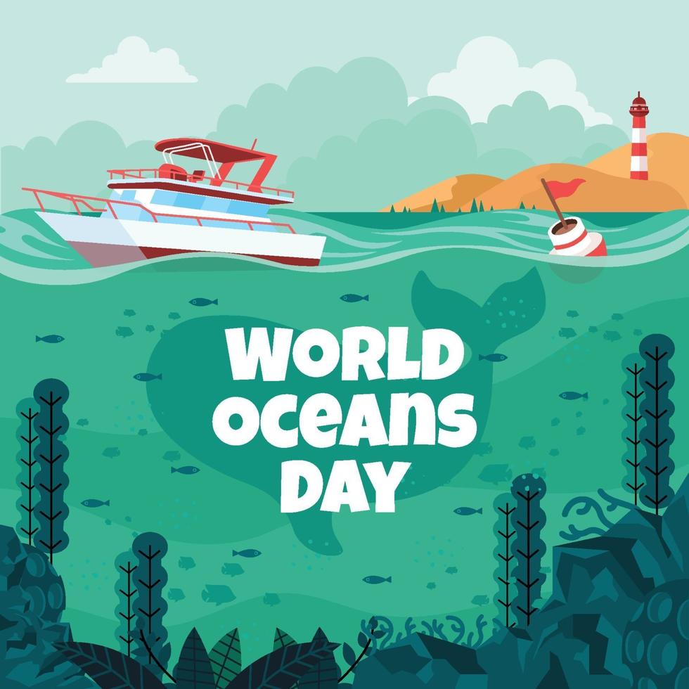 World Oceans Day With Yacht and Underwater Coral Reefs Scenery Concept vector