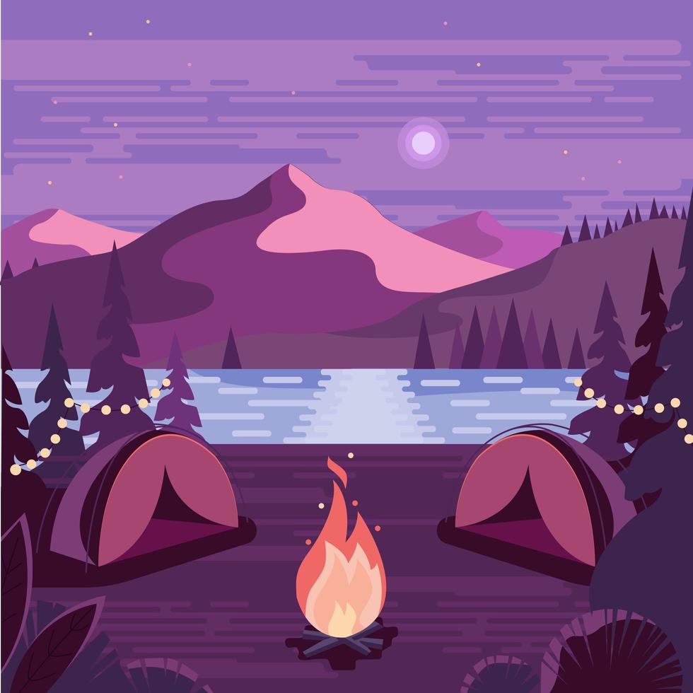 Two Camps Near Fire Wood With Lake View And Mountain Background vector
