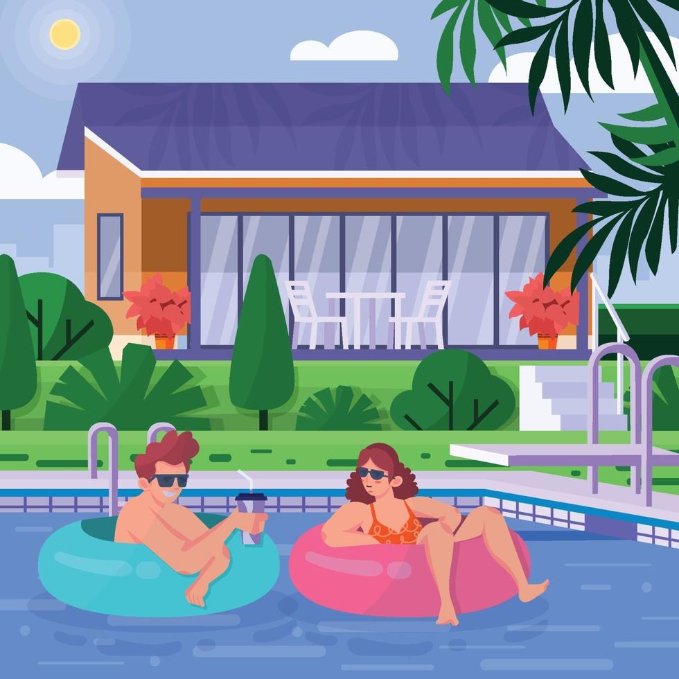 Man and Woman Swimming In The Pool On Sunny Day Concept vector
