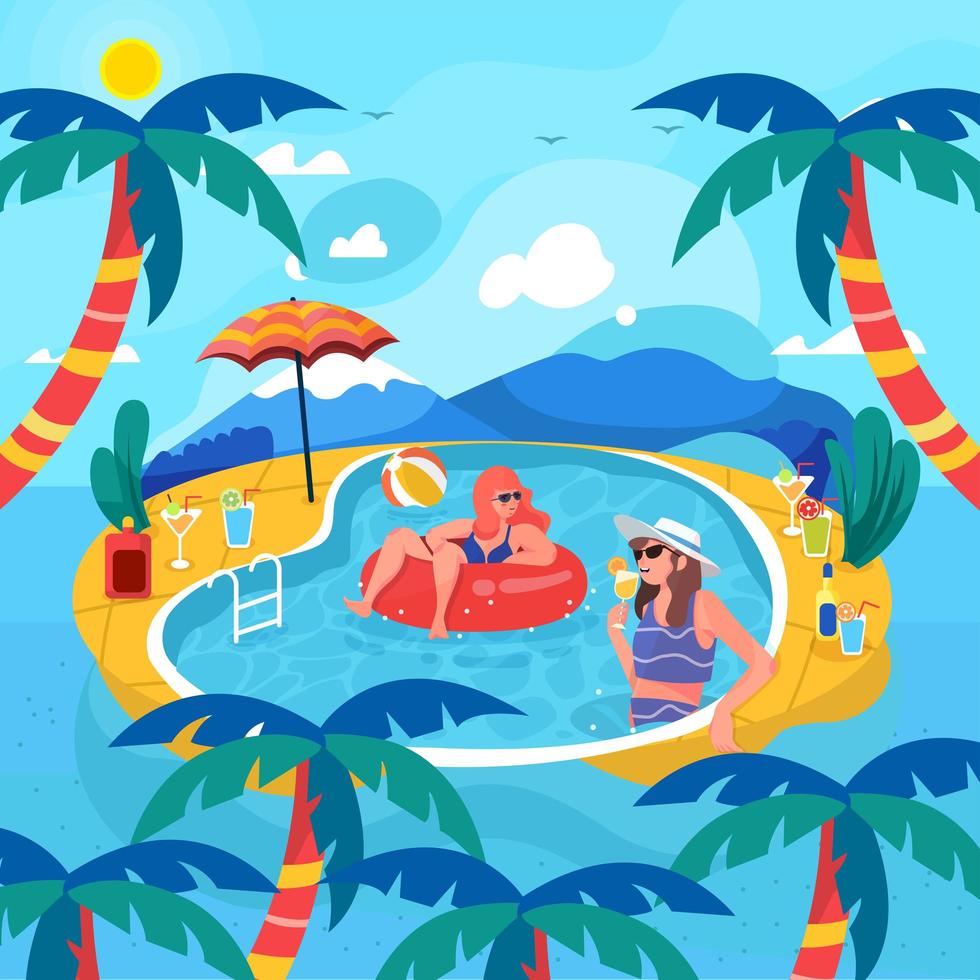 tiempo libre de verano en la piscina con el concepto de amigos vector