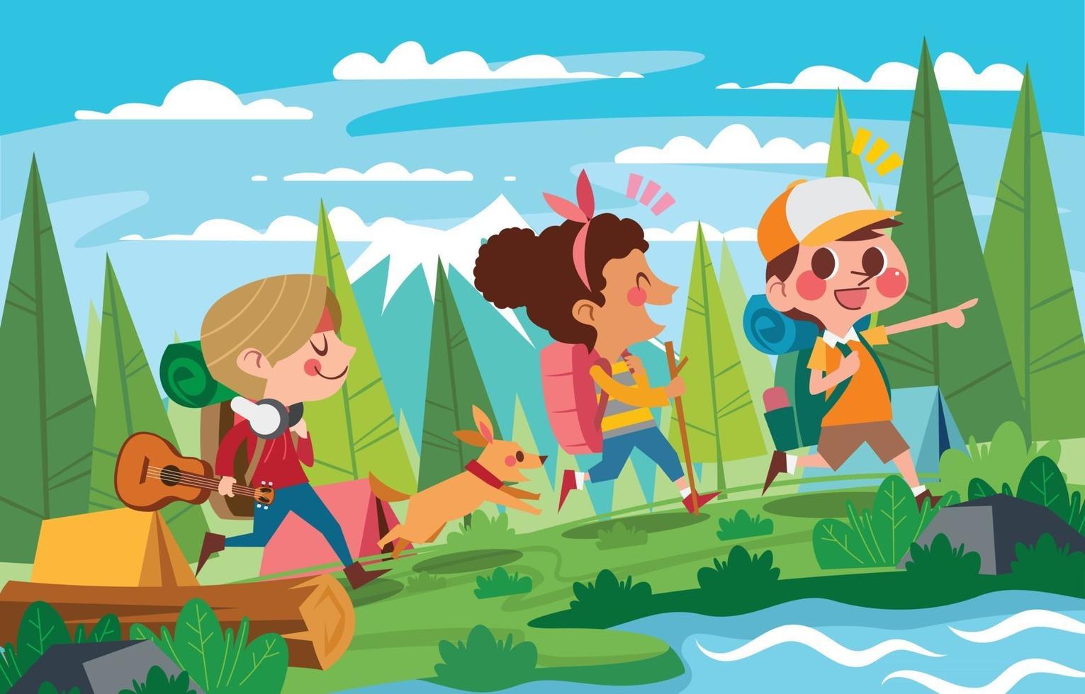 los niños van de excursión y aventuras en el bosque del campamento de verano vector