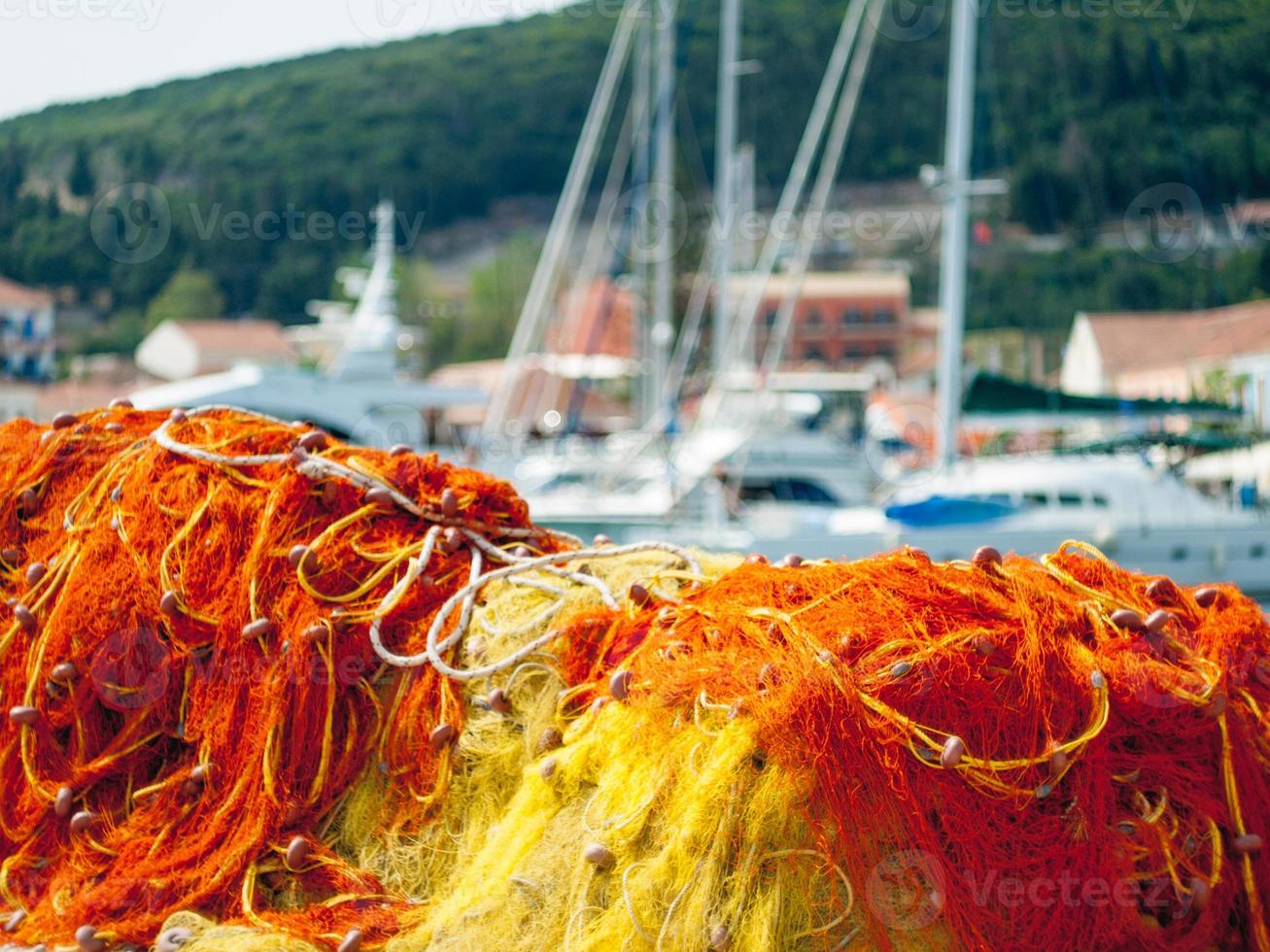 Fish nets at the seaport in greece island photo