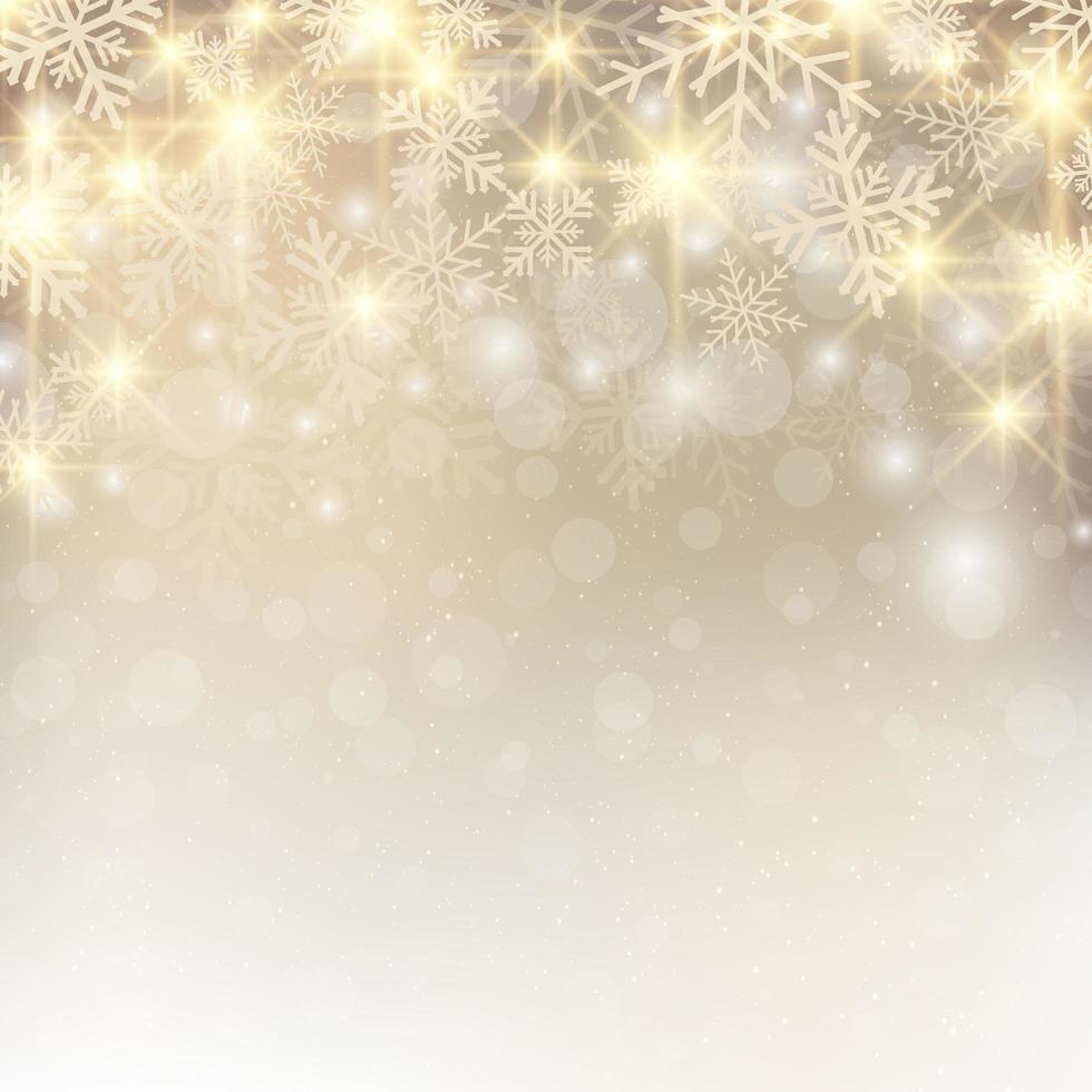 Fondo de Navidad con nieve y copos de nieve brillo sobre fondo dorado lugar para el texto. vector