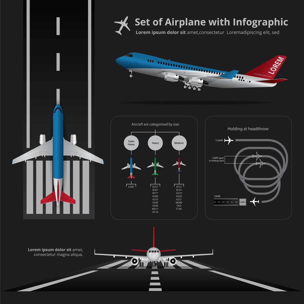 Conjunto de ilustración de vector aislado infografía de aterrizaje de avión