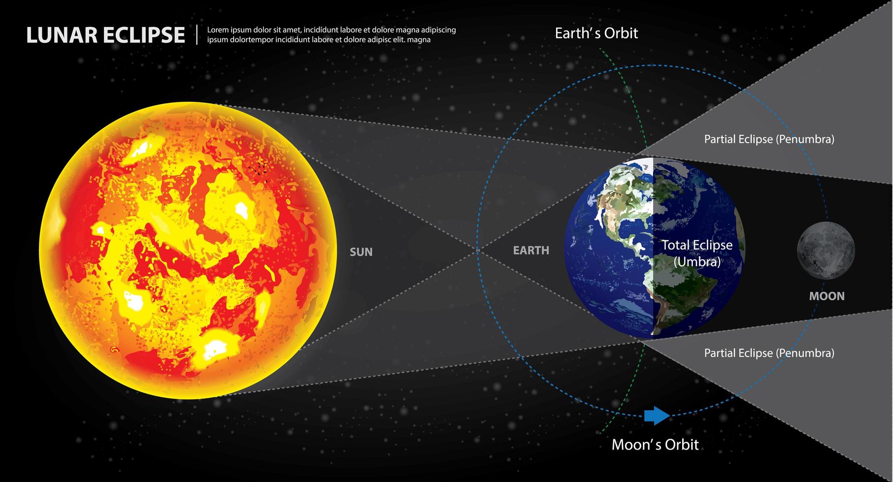 Eclipses lunares sol tierra y luna ilustración vectorial vector