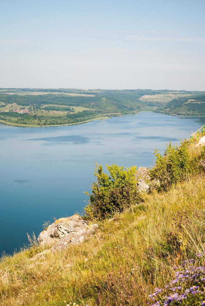 Vertical summer landscape with river and hills photo