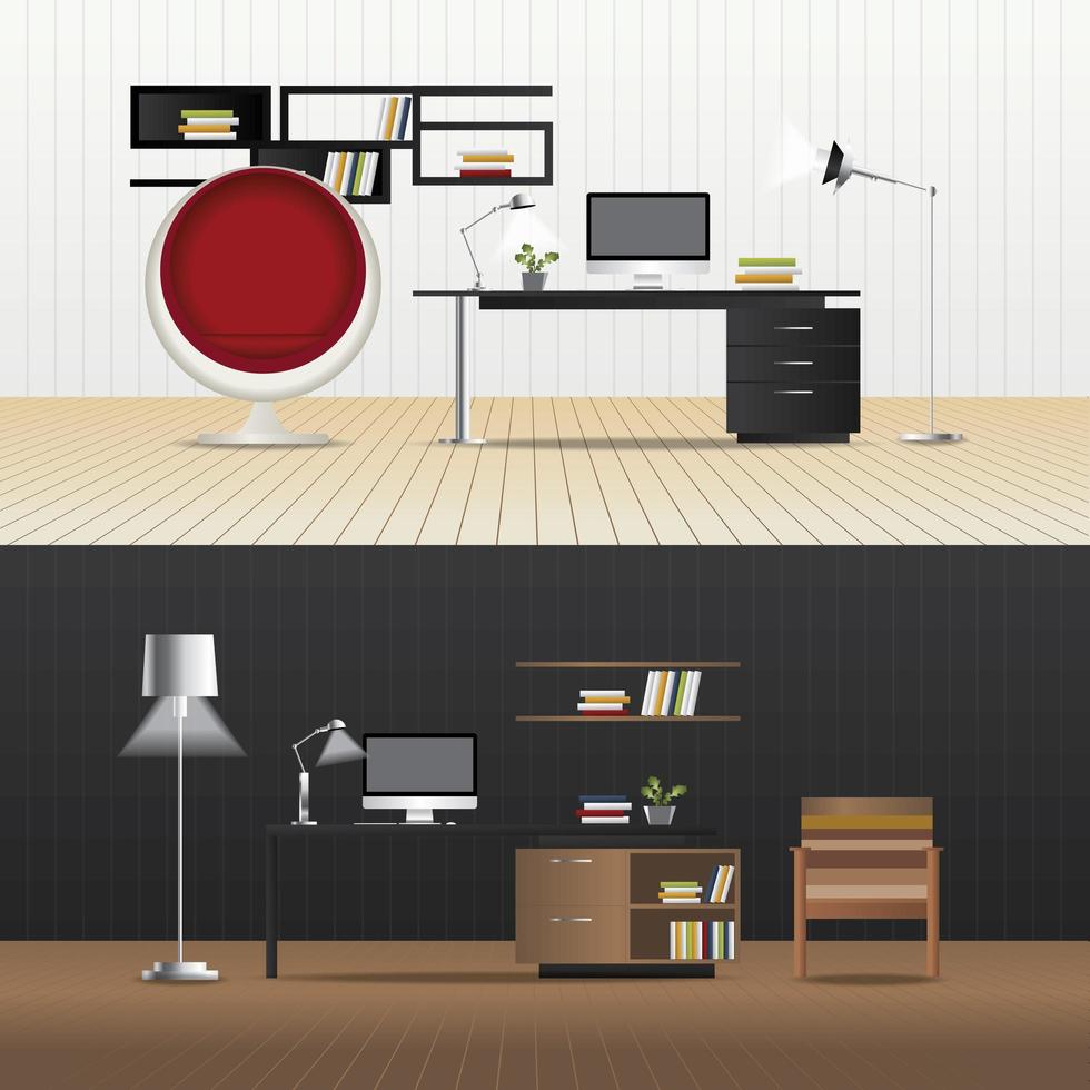 Flat Design Interior Working Room and Interior Furniture Vector Illustration