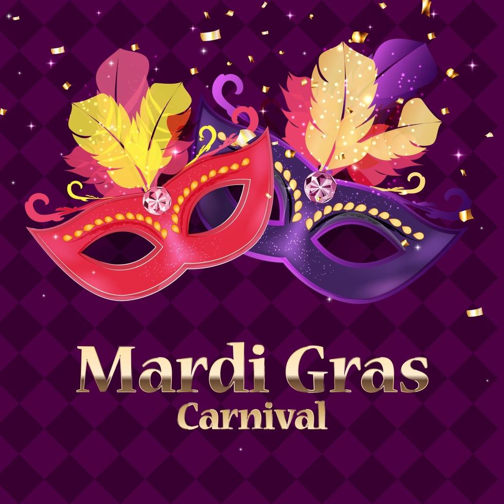 Mardi Gras carnaval Background Traditional mask with feathers and confetti for fesival and masquerade and parade Template for design invitation orflyer or poste and banners vector