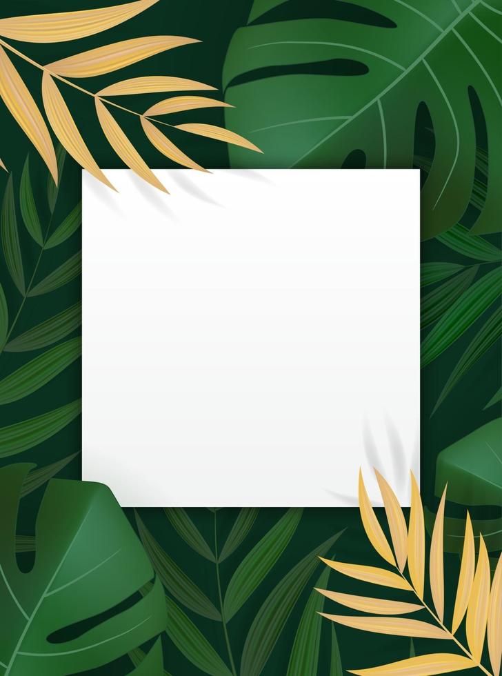 Natural Realistic Green Palm Leaf Tropical Background with Empty Blank Frame vector