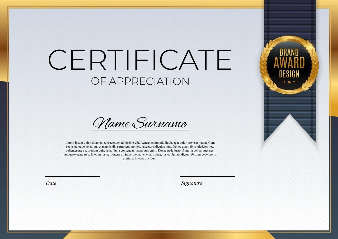 Blue and gold Certificate of achievement template Background with gold badge and border Award diploma design blank vector