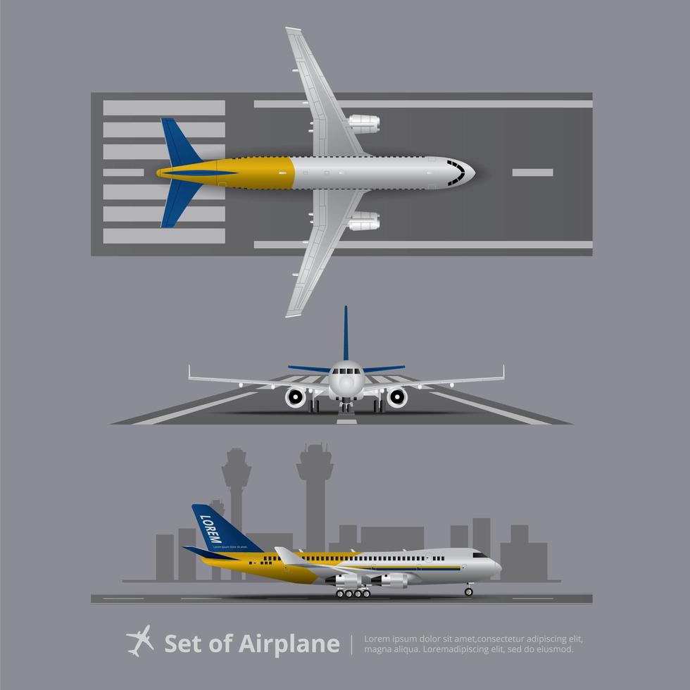 Set of Airplanes on Runway Isolated Vector Illustration