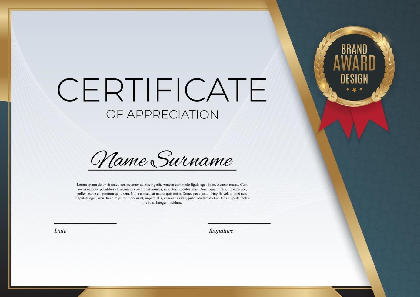 Blue and gold Certificate of achievement template Background with gold badge and border Award diploma design blank vector