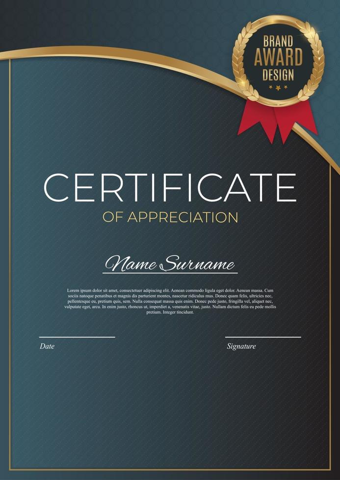 Blue and gold Certificate of achievement template Background with gold badge and border Award diploma design blank vector