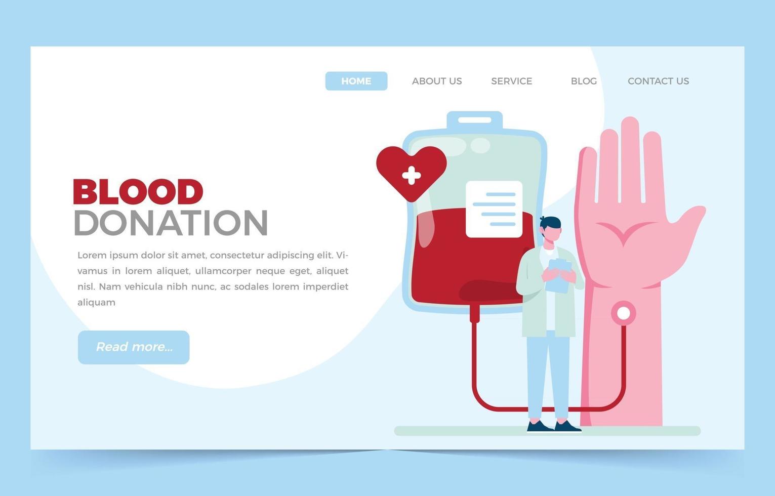 Blood Donation Landing Page with Doctor and Blood Donor vector