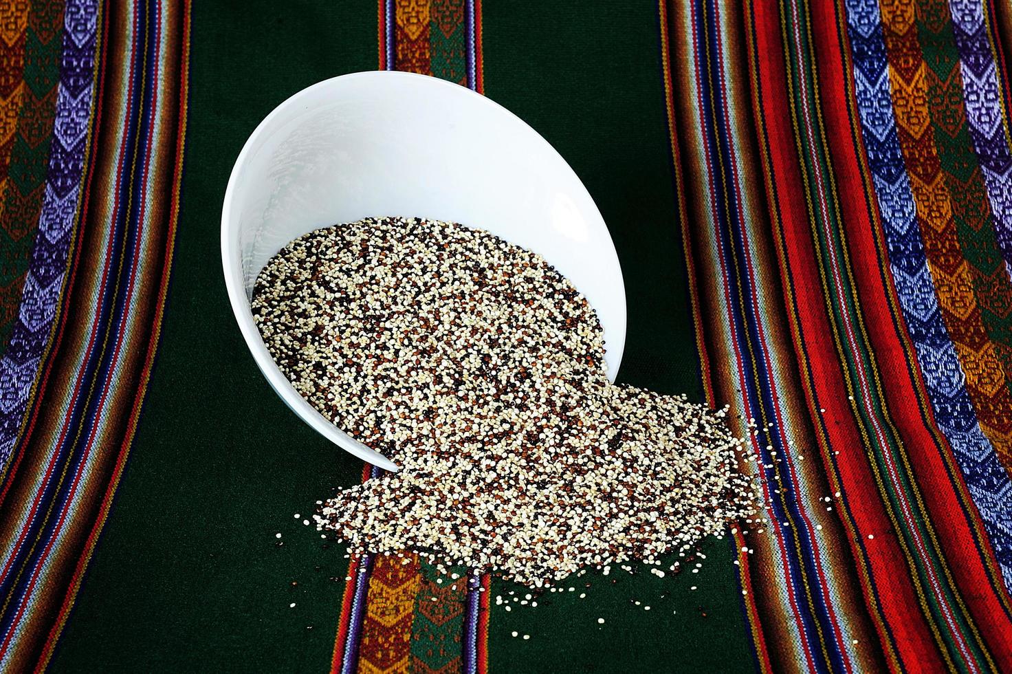 Tricolor quinoa grain Tricolor quinoa grain on a white plate on an Inca mantle photo